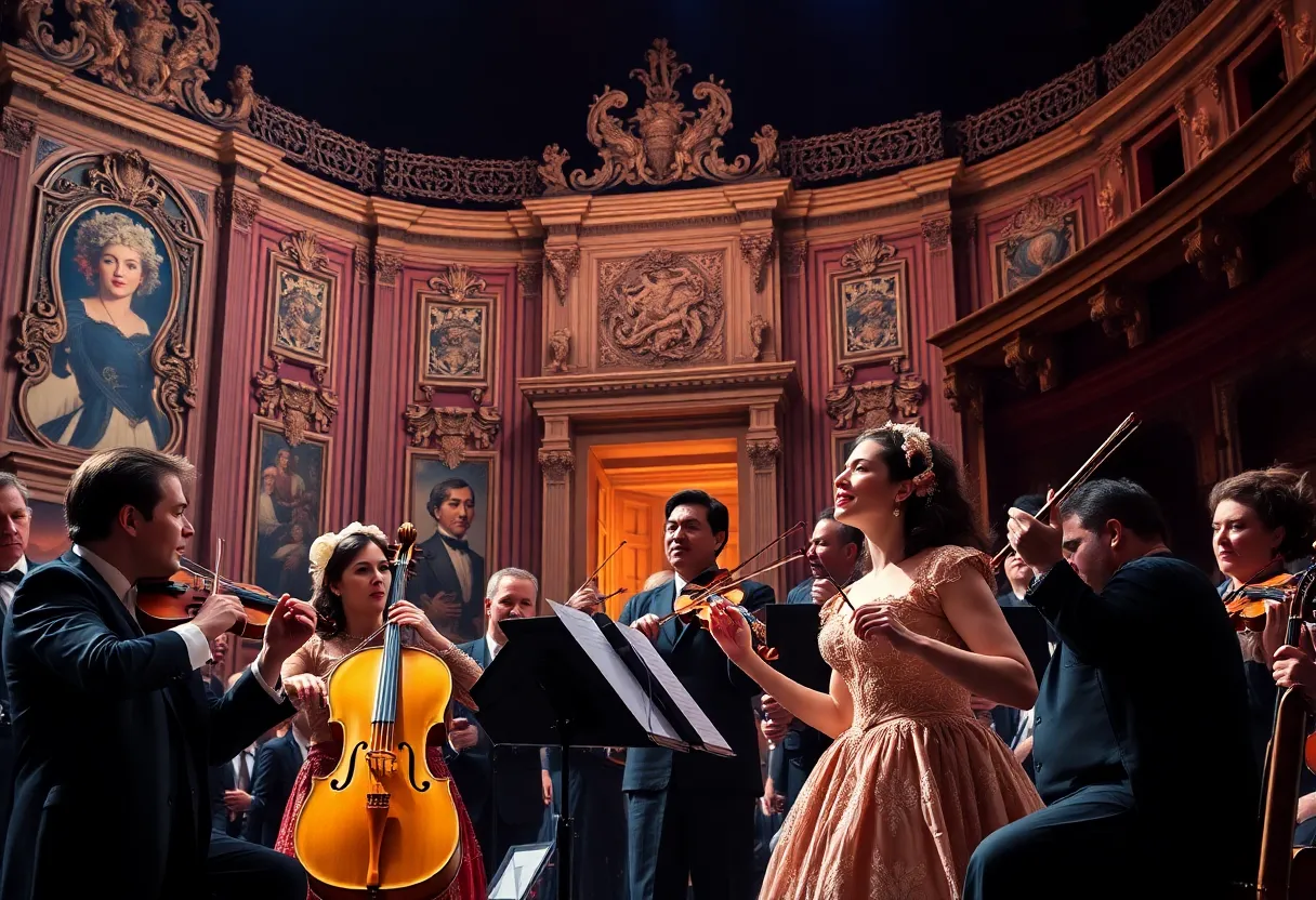 A scene from La Bohème showing musicians on stage.