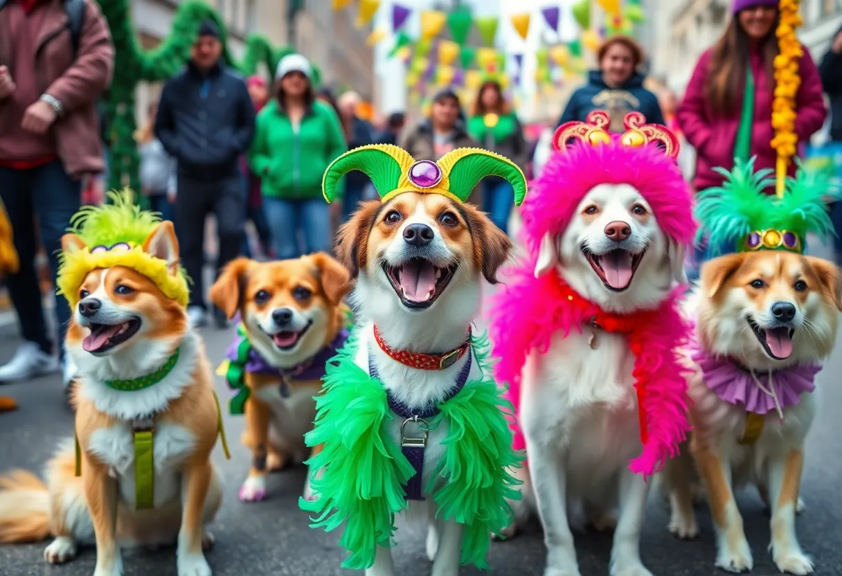 A colorful pet parade during Mardi Growl in Knoxville with pets in costumes.