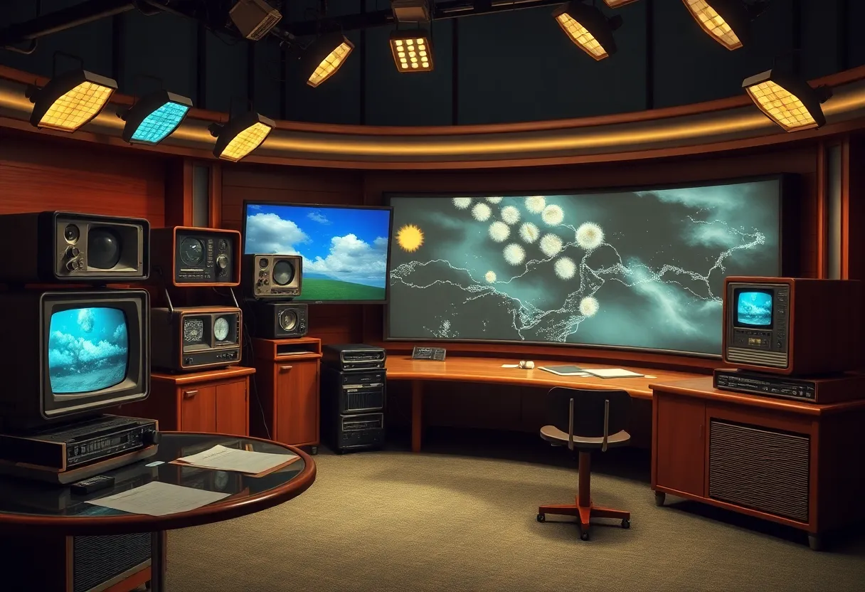 A weather studio representing the legacy of Margie Ison, featuring vintage broadcasting equipment.
