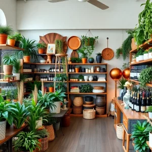Vibrant retail atmosphere with plants and wine offerings in North Knoxville.