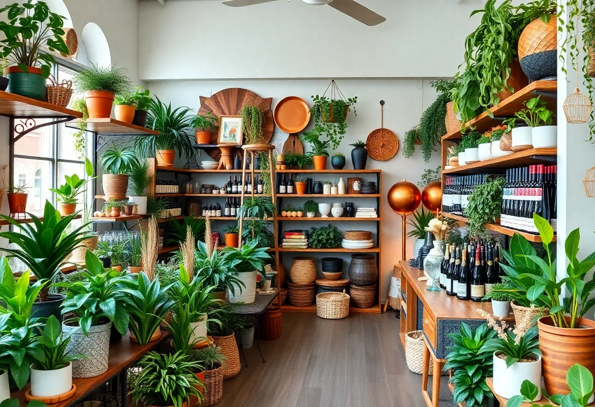 Vibrant retail atmosphere with plants and wine offerings in North Knoxville.