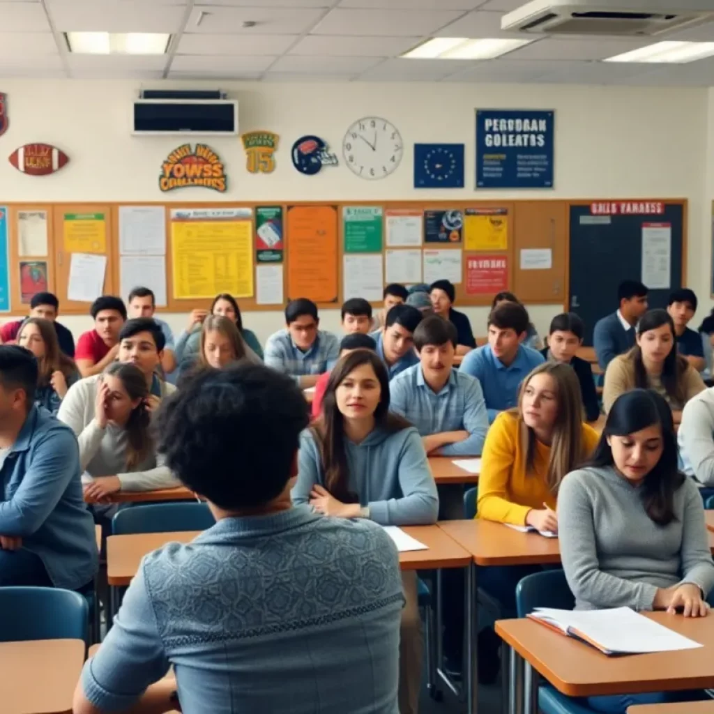Students in a classroom during a surprise visit by a football legend.