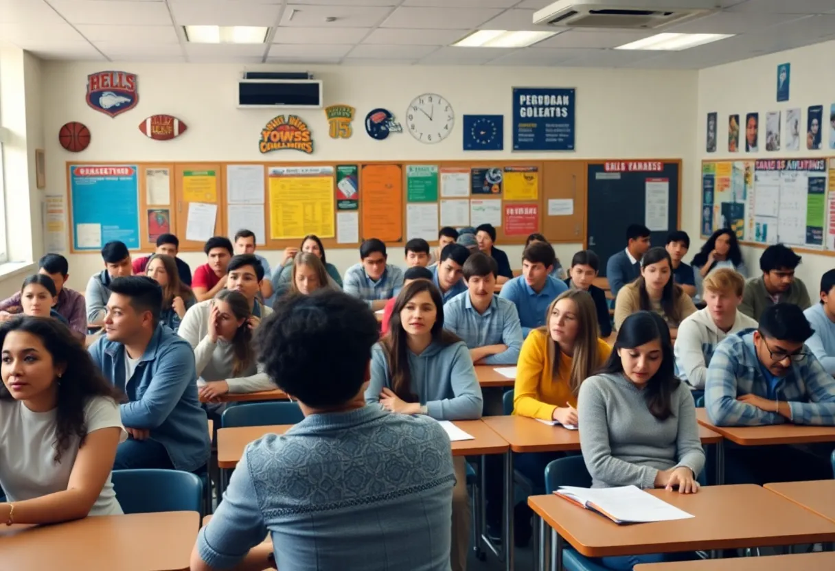 Students in a classroom during a surprise visit by a football legend.