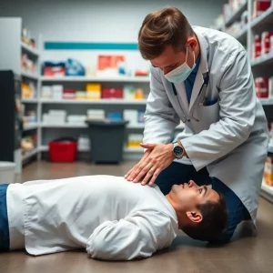 Pharmacist administering CPR in a pharmacy