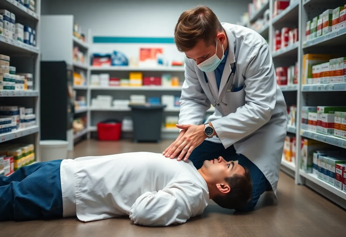 Pharmacist administering CPR in a pharmacy