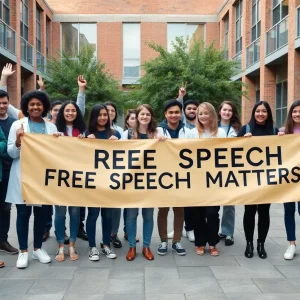 Group of pharmacy students celebrating a legal victory in a university setting.