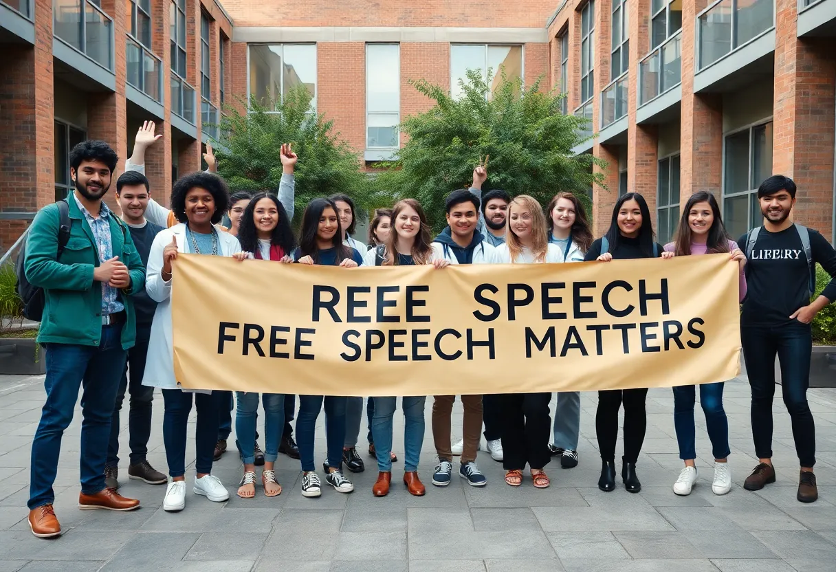 Group of pharmacy students celebrating a legal victory in a university setting.