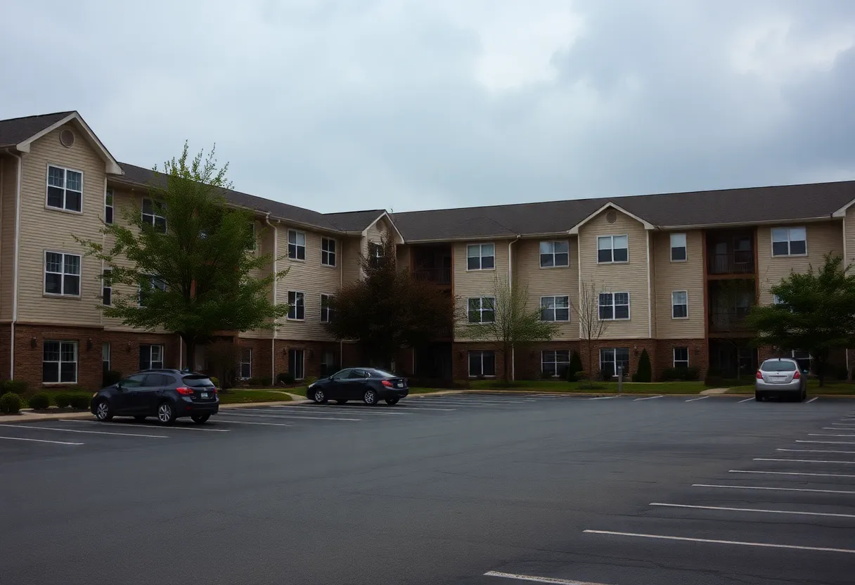 Pinnacle Park Apartments in Knoxville with a somber ambiance after a tragic incident.