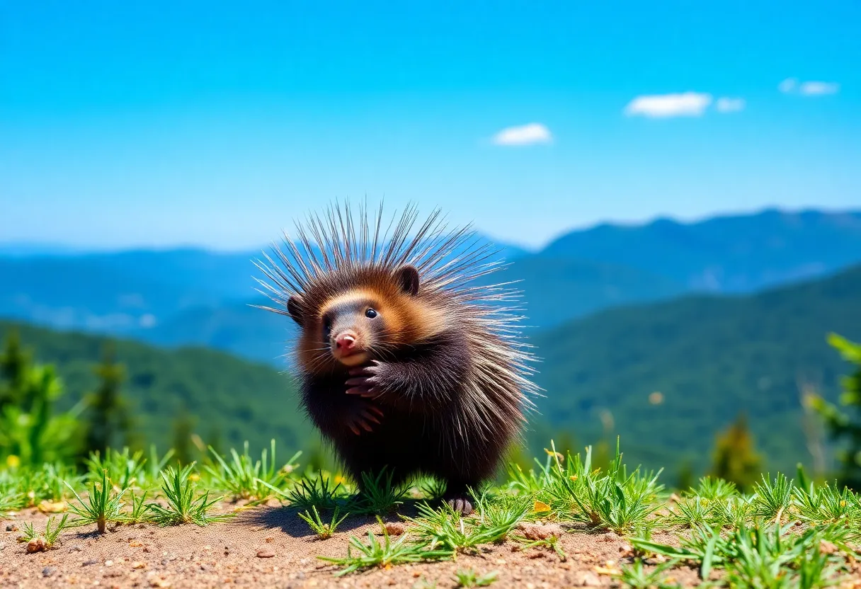A porcupine in a lush mountain landscape
