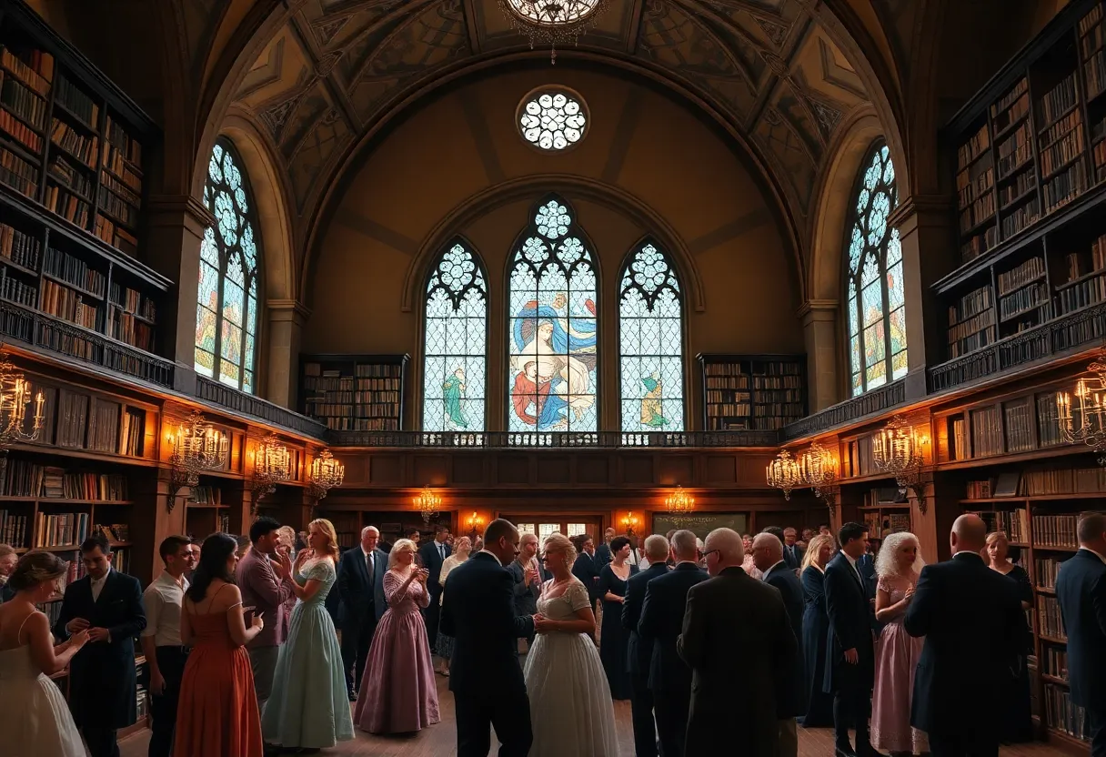 Guests participating in the Regency Ball at Hoskins Library