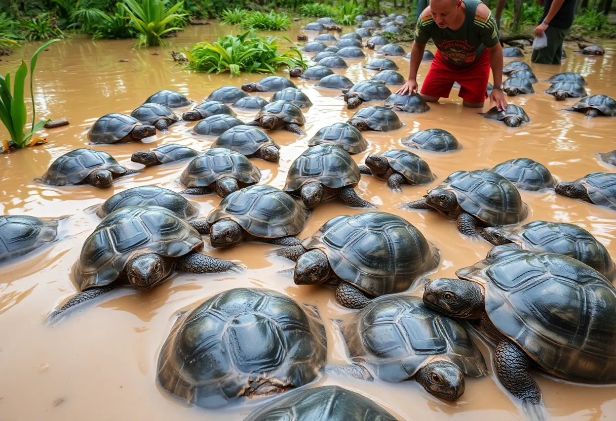 Rescue scene of radiated tortoises in a flooded sanctuary.