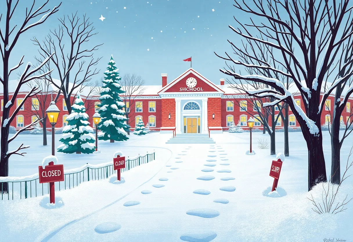 A winter scene of a closed school with snow and icy conditions