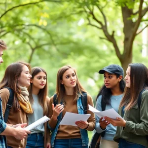 Students gathered discussing ideas about free speech on college campus.