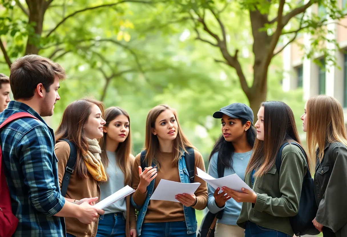 Students gathered discussing ideas about free speech on college campus.