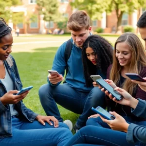 Diverse group of students on campus using smartphones for social media.