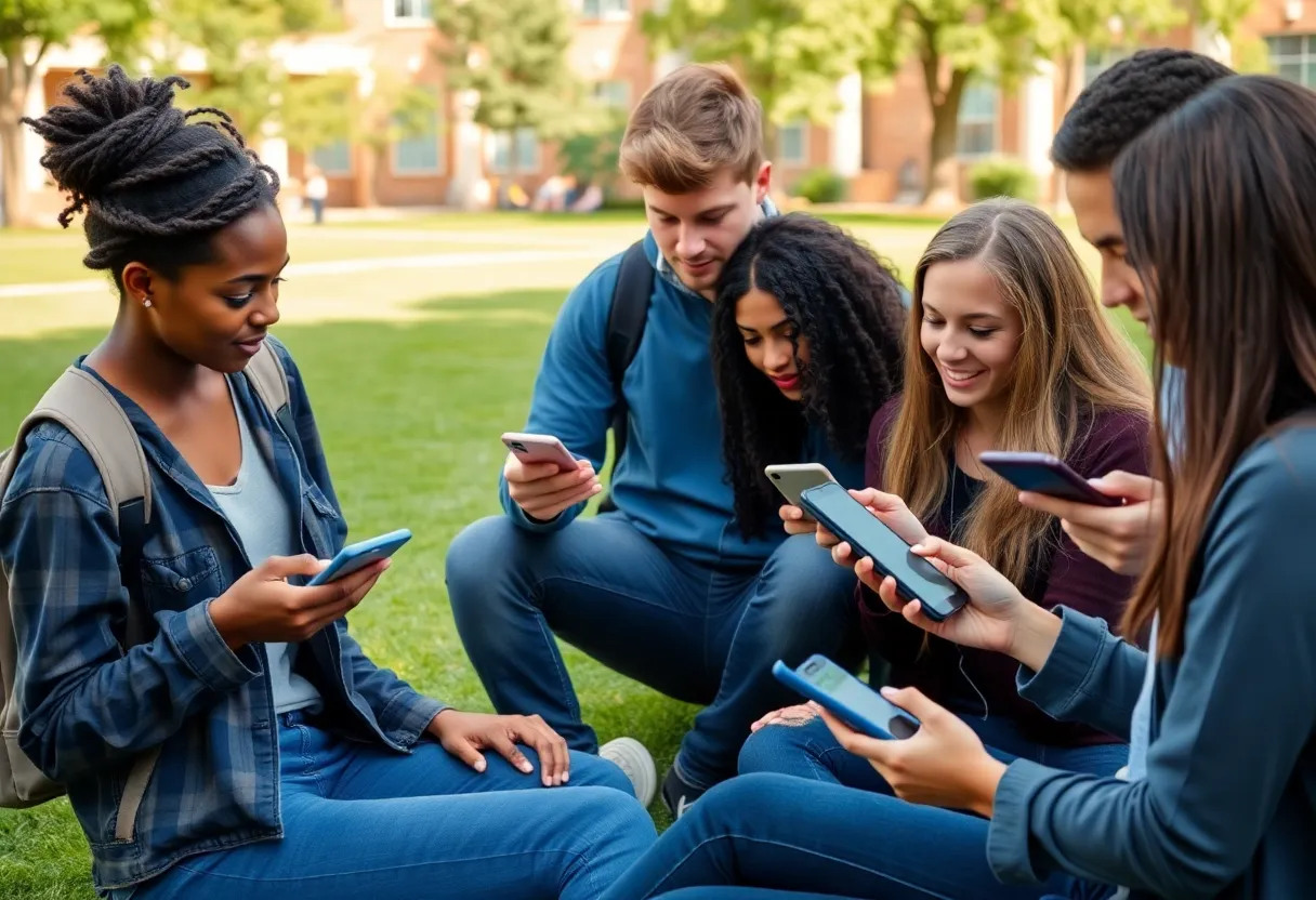 Diverse group of students on campus using smartphones for social media.