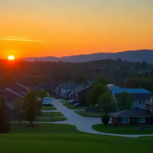 A sunset over a small town representing community and legacy.