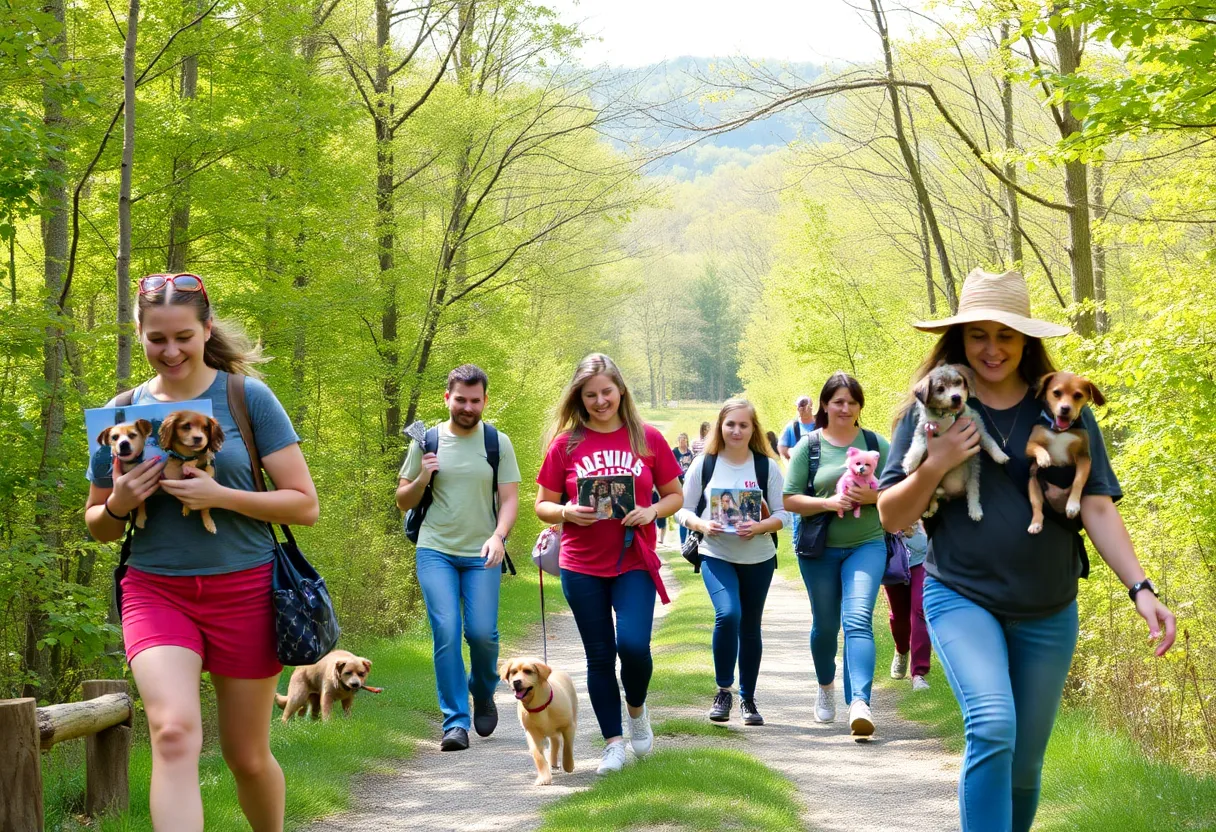Community participants hiking on a nature trail with photos of their passed pets.