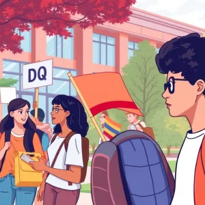 Students engaging in discussions outside a university building.