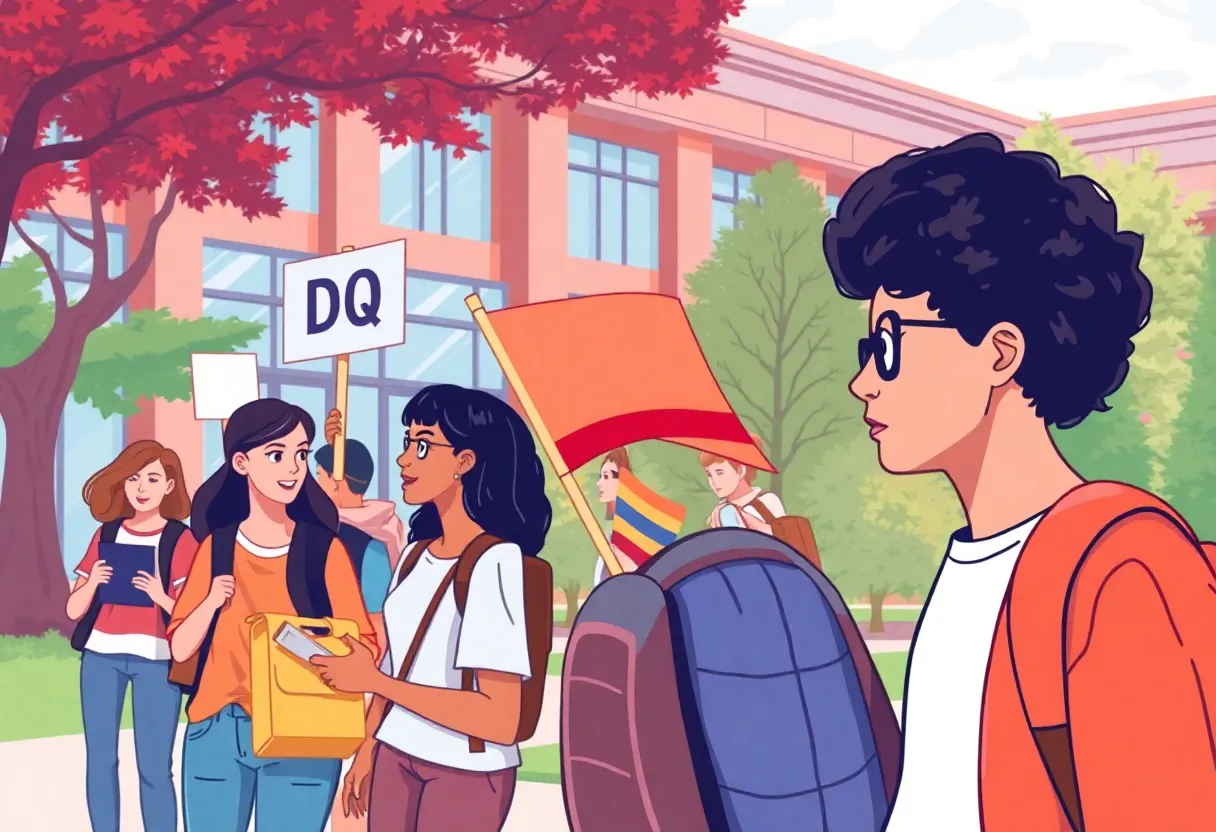 Students engaging in discussions outside a university building.