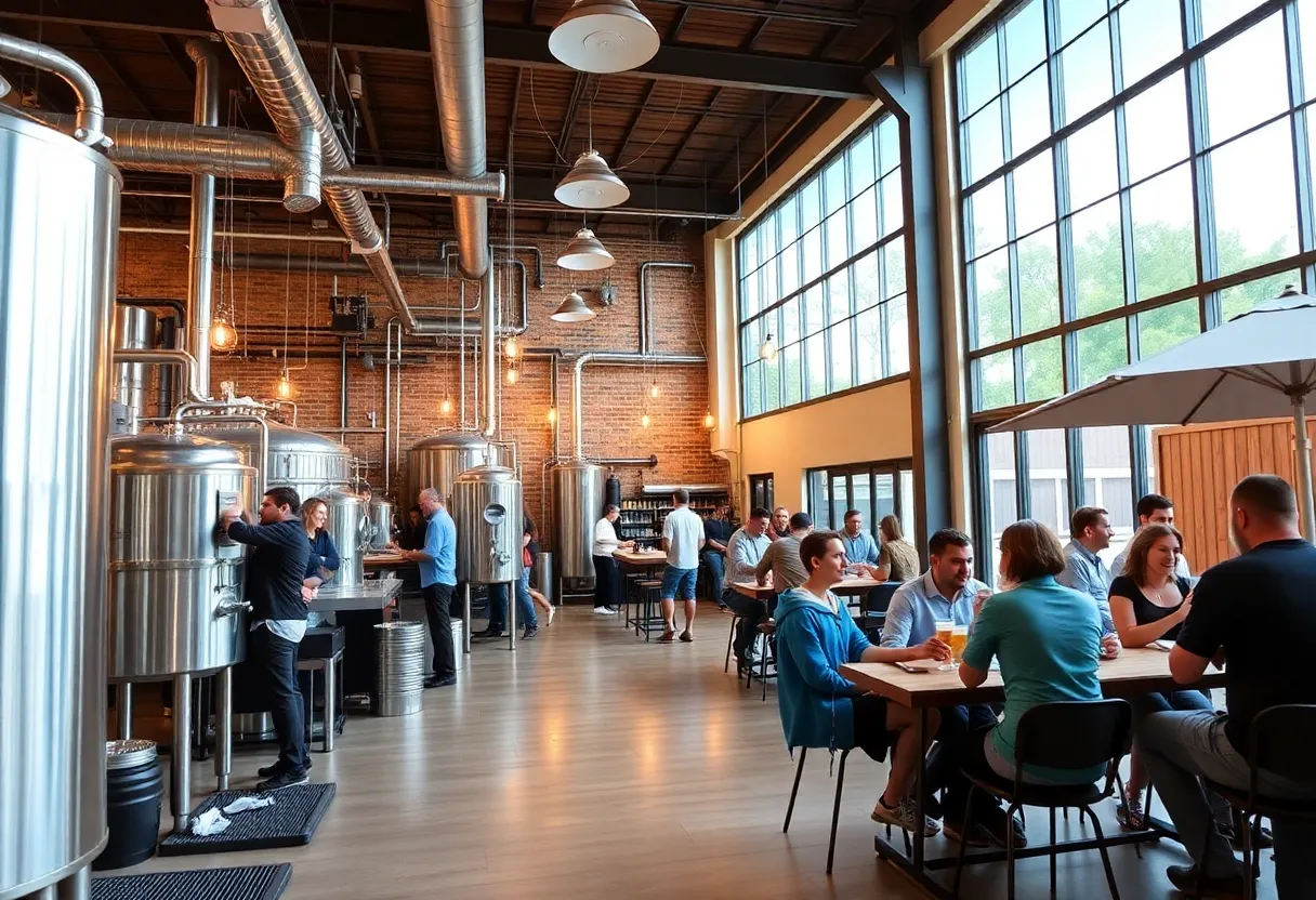 Brewery expansion with brewing equipment and happy customers.