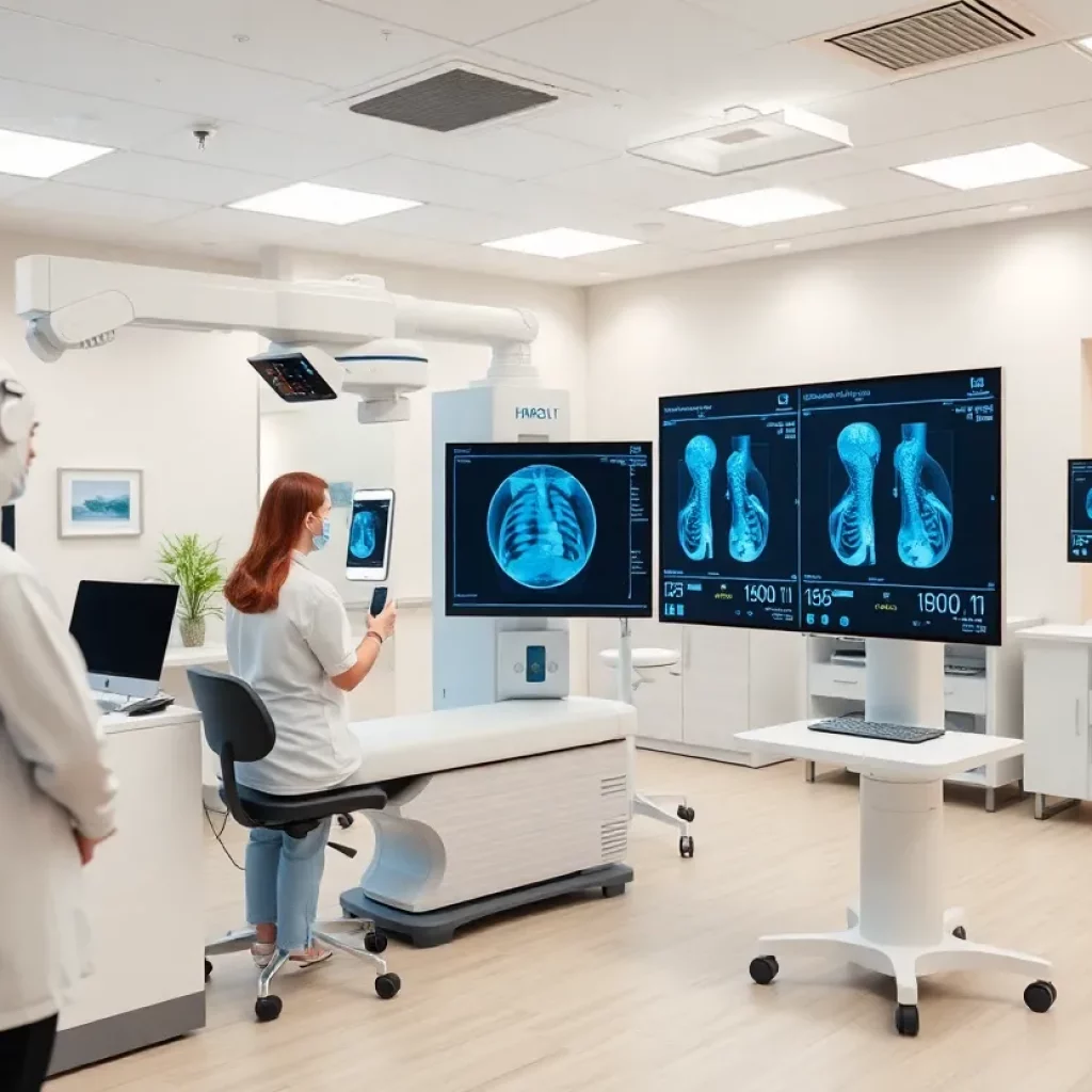 A doctor using AI technology to analyze mammograms for breast cancer detection.
