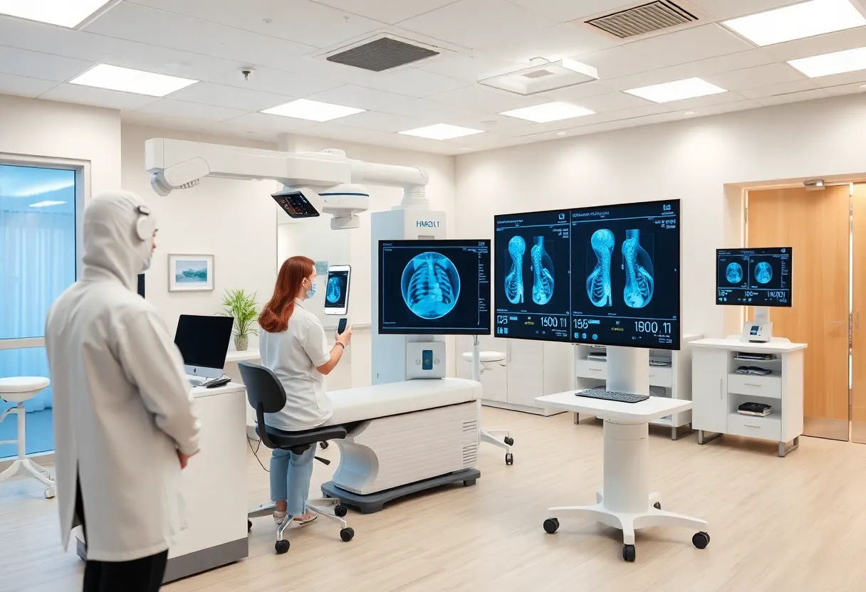 A doctor using AI technology to analyze mammograms for breast cancer detection.