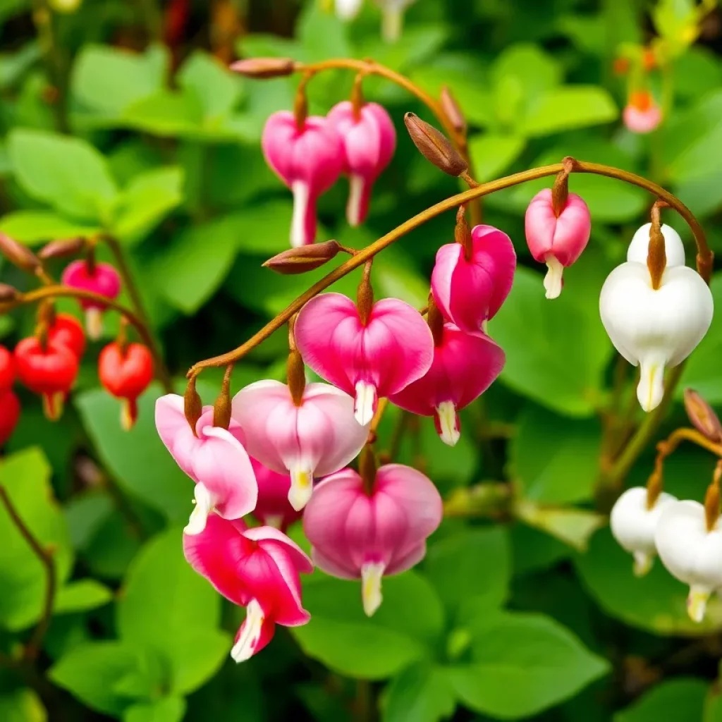 Close-up of bleeding heart flowers blooming in a lush garden.