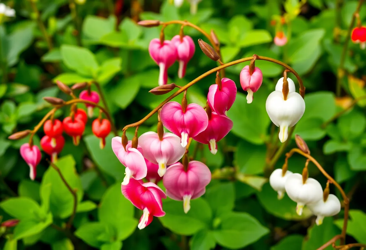 Close-up of bleeding heart flowers blooming in a lush garden.