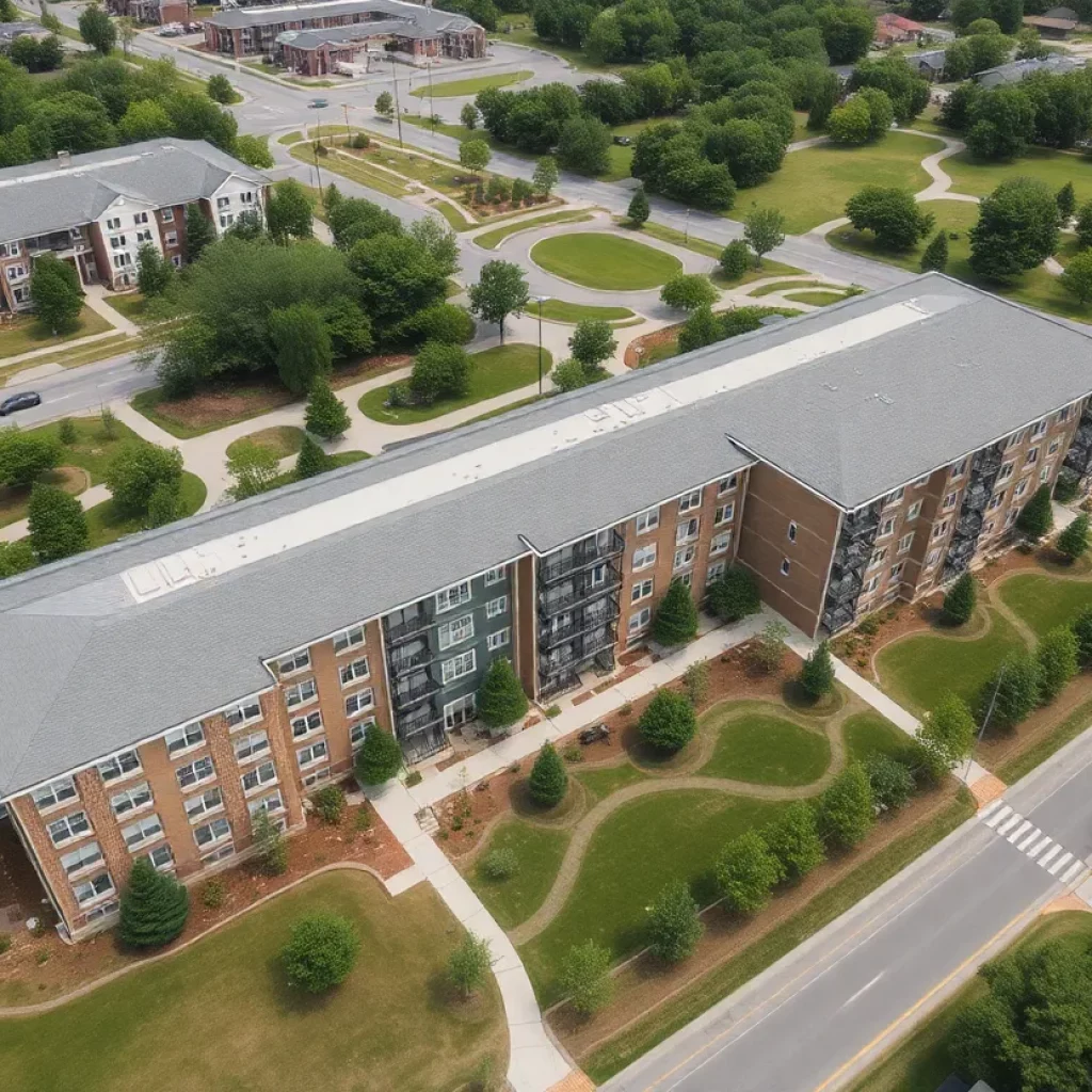 Rendering of Cardinal Place community development featuring apartments and parks.