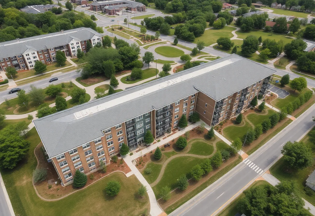 Rendering of Cardinal Place community development featuring apartments and parks.