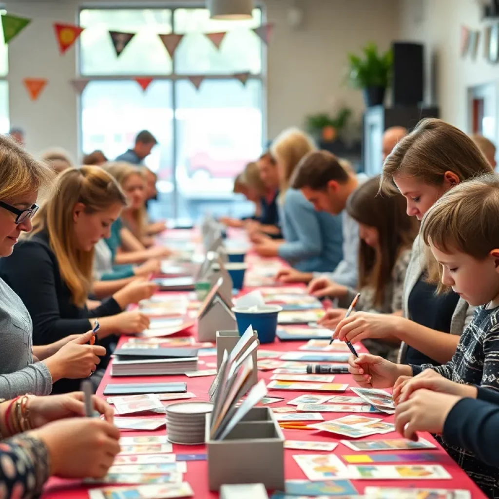 People of various ages participating in an art event, creating artist trading cards