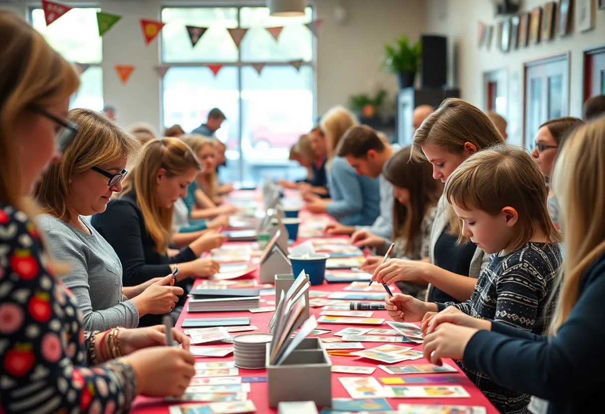 People of various ages participating in an art event, creating artist trading cards