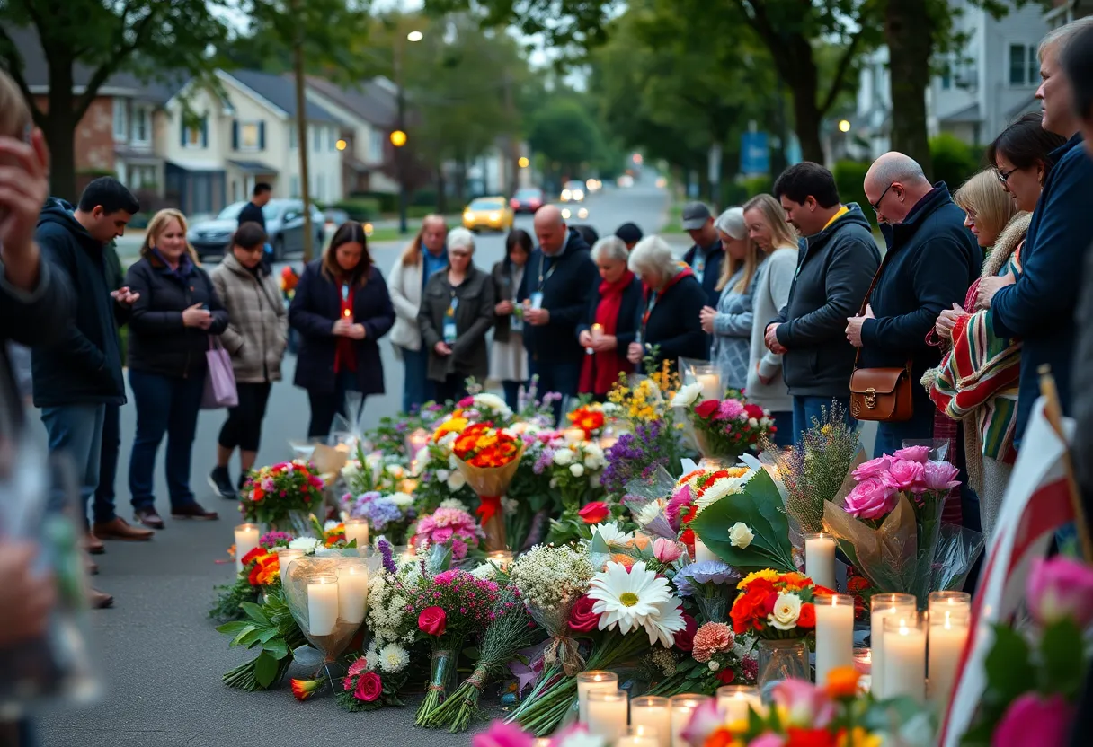 Memorial gathering with flowers and candles in a neighborhood