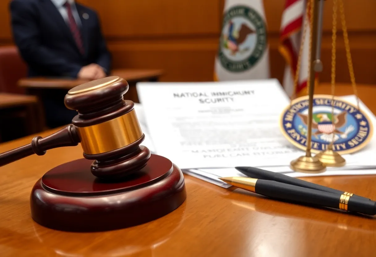 Courtroom scene representing legal discussions on deportation flights and national security.