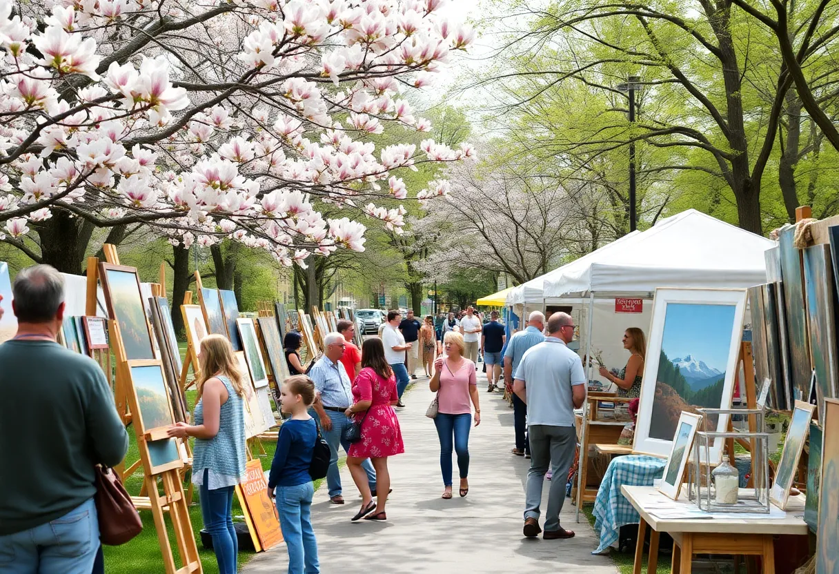 Crowd enjoying the Dogwood Arts Festival in World’s Fair Park with blooming dogwood trees