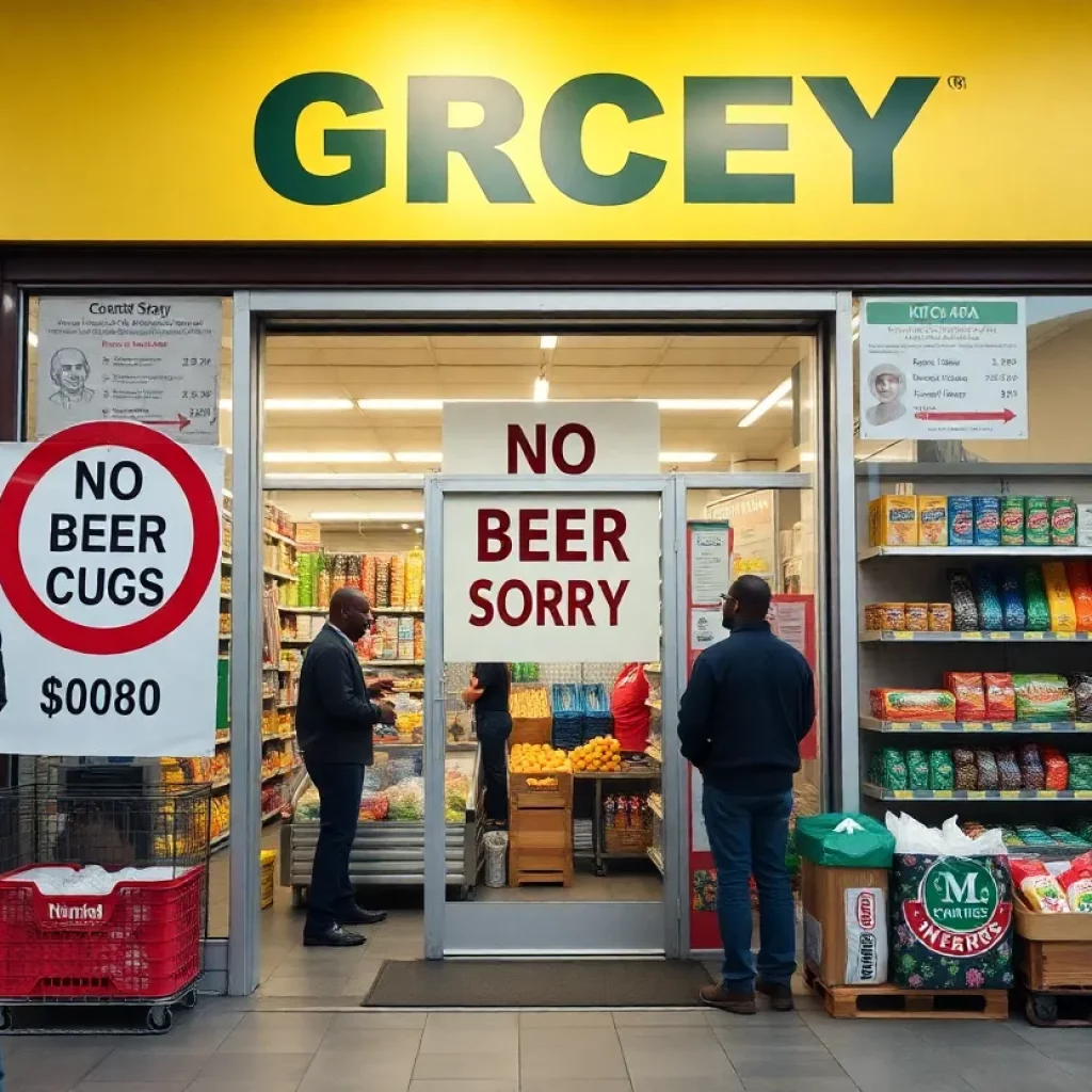 Sign at Floyd's Market indicating no beer sales