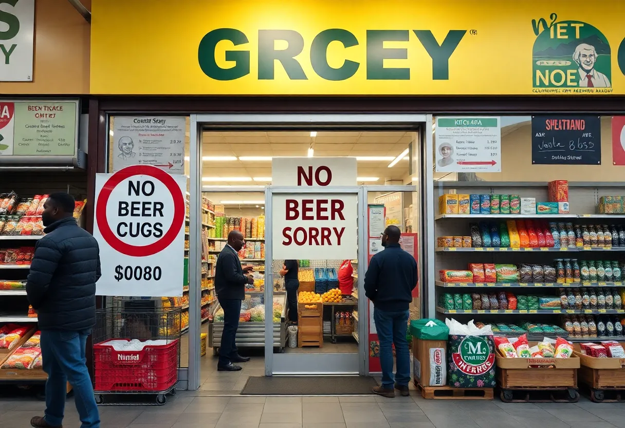 Sign at Floyd's Market indicating no beer sales