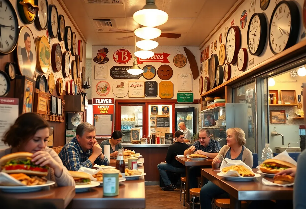 Interior of Gus's Good Time Del with customers enjoying sandwiches