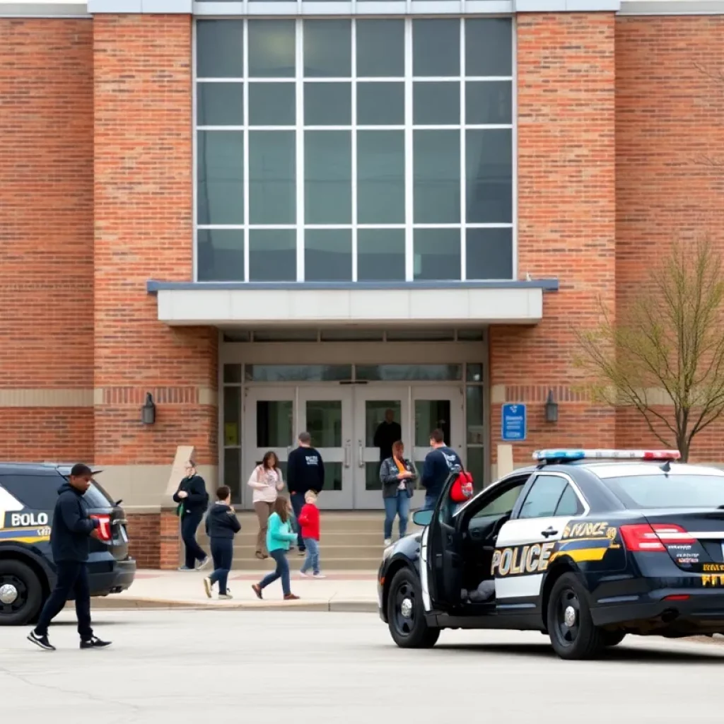 Students and police officers outside Halls Middle School during a safety evacuation.