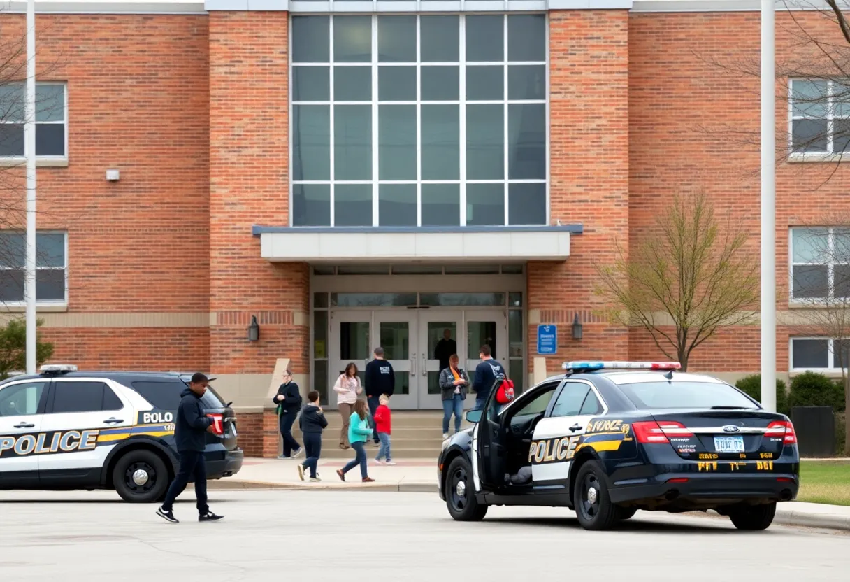Students and police officers outside Halls Middle School during a safety evacuation.