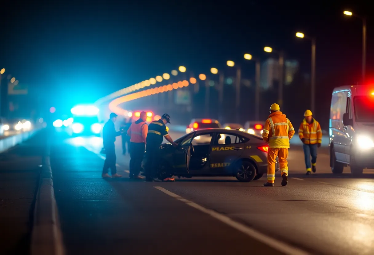 Emergency responders at the scene of a car crash on the highway