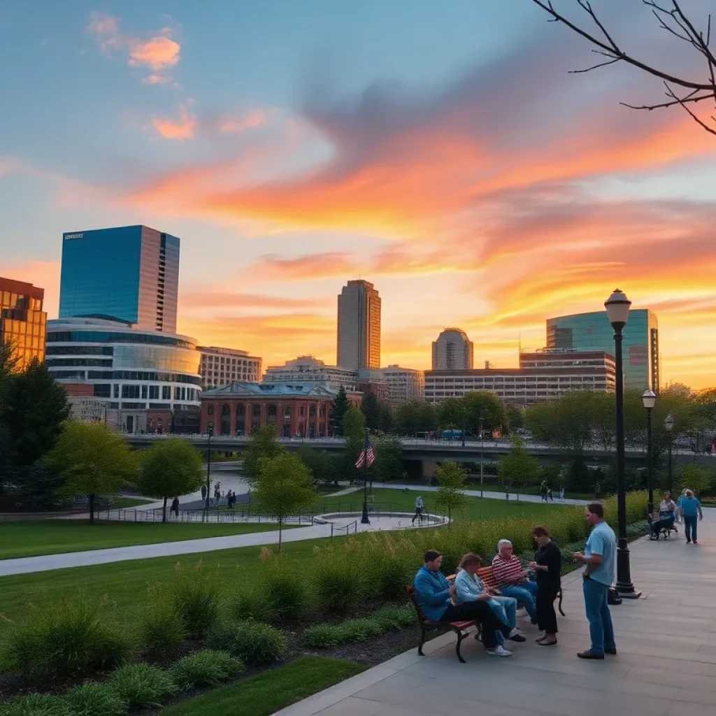 Knoxville cityscape with fiber optic technology and people accessing free public Wi-Fi