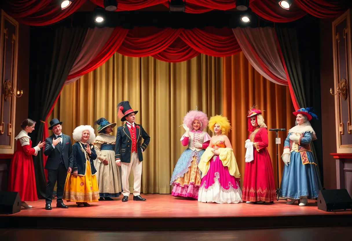A scene from the production of The Importance of Being Earnest with colorful costumes and classic theatrical elements.