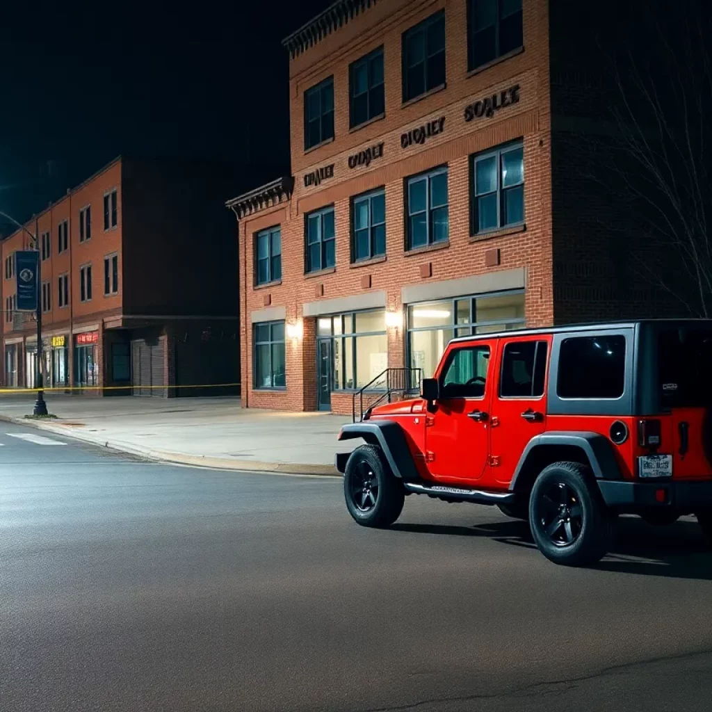 Jeep Wrangler parked next to an unoccupied building in downtown Knoxville after a late-night crash.