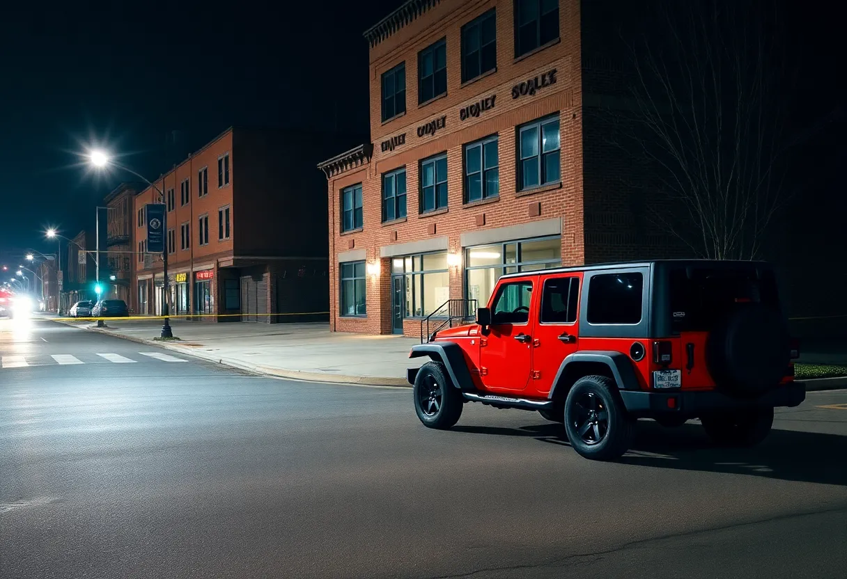 Jeep Wrangler parked next to an unoccupied building in downtown Knoxville after a late-night crash.
