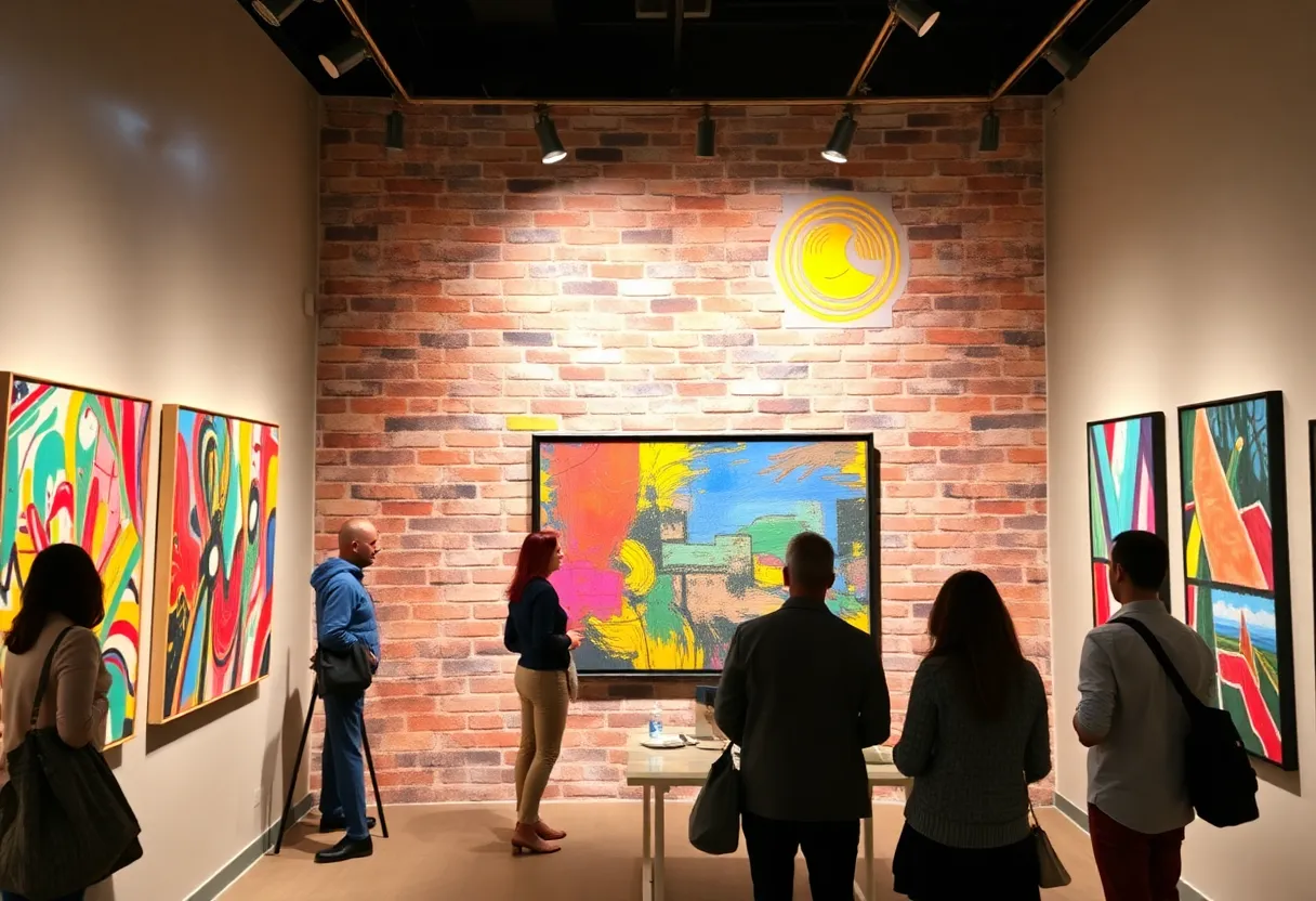 Art exhibit featuring colorful abstract pieces by Jered Sprecher