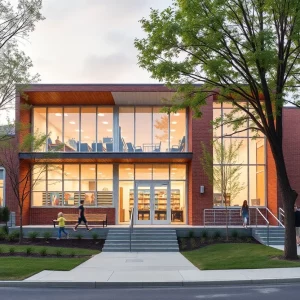 Concept design of a new K-8 school showing classrooms and playgrounds.