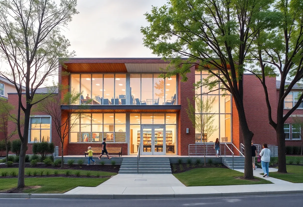 Concept design of a new K-8 school showing classrooms and playgrounds.