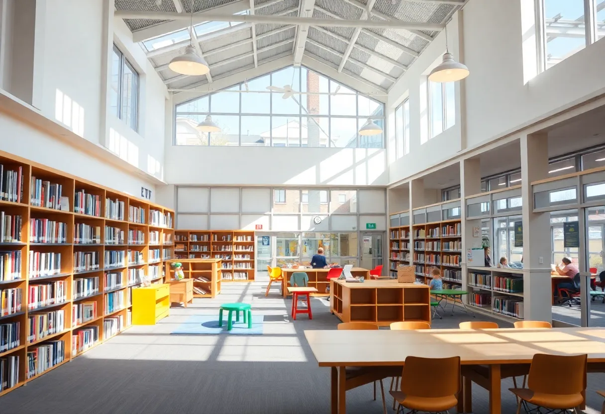 Interior view of Knox County Public Library with natural light and bookshelves.